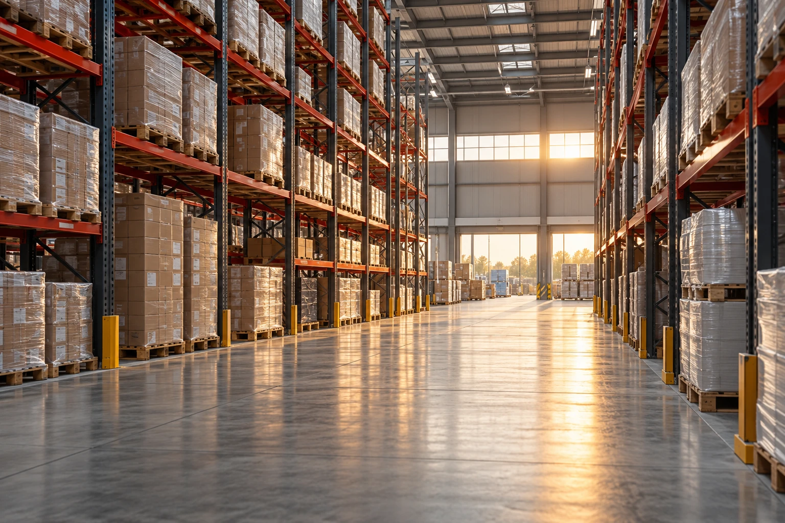 Illustrative AI-generated view of a modern logistics warehouse
